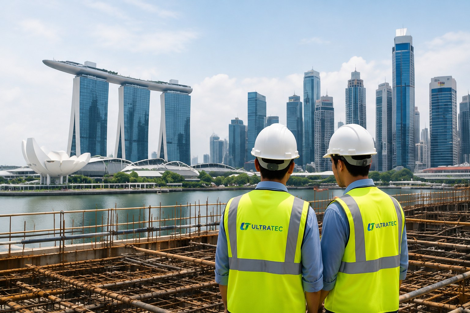 Two Ultratec team members overlooking a Singapore site and Marina Bay