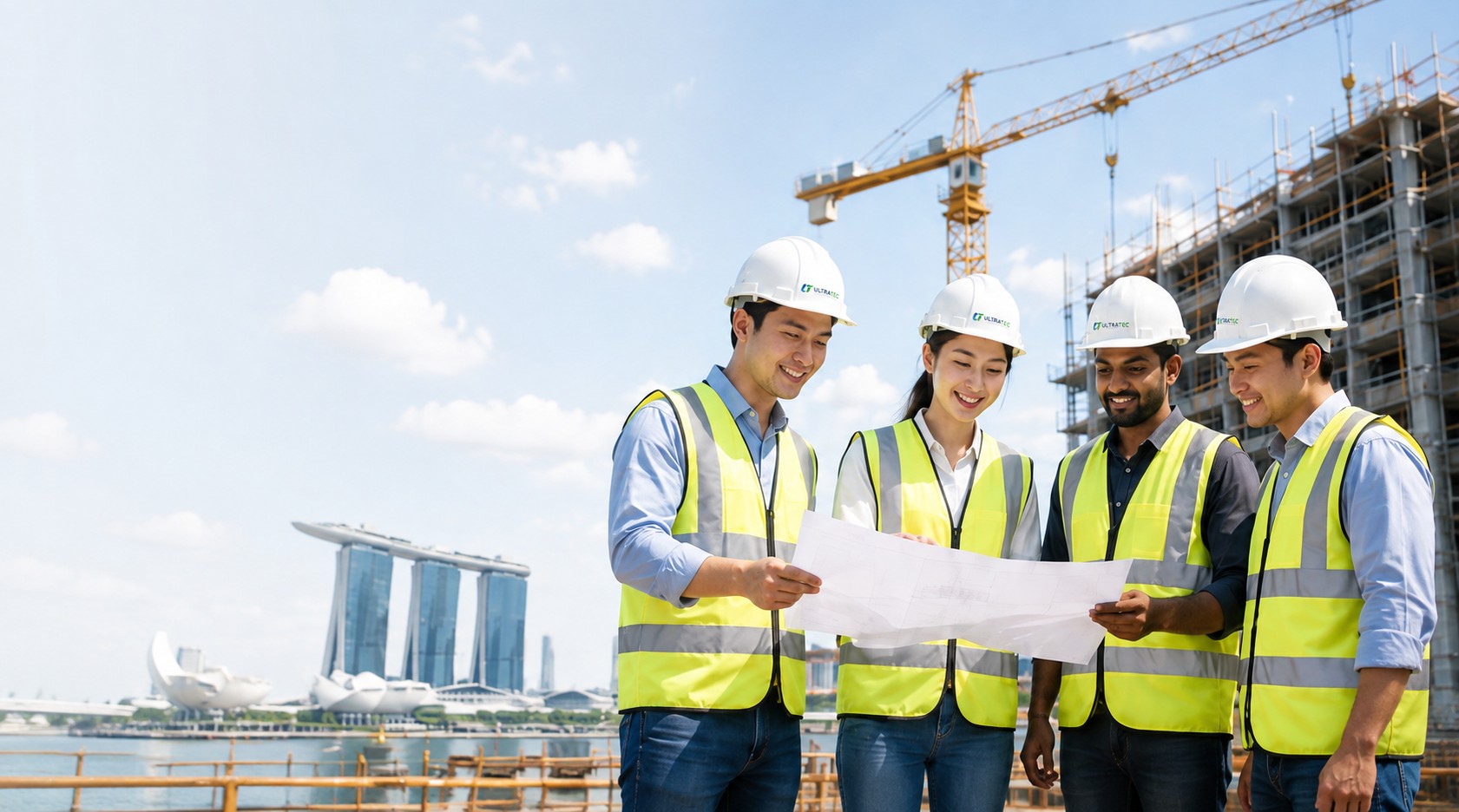 Ultratec supervisors reviewing drawings on a Singapore site, Marina Bay Sands behind them