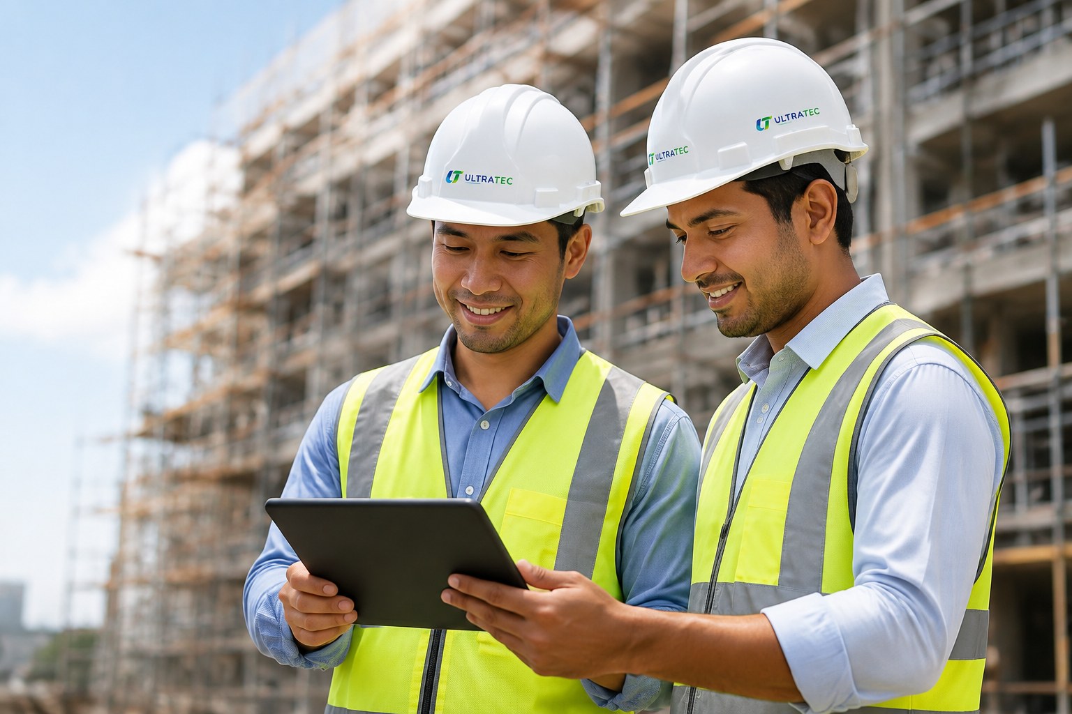 Two Ultratec technical officers reviewing an inspection checklist on a tablet