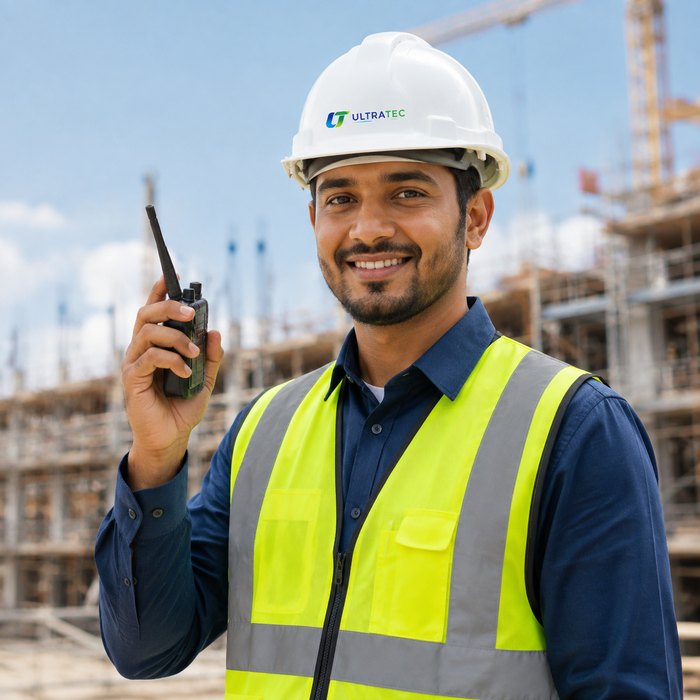 An Ultratec safety supervisor on site with a two-way radio