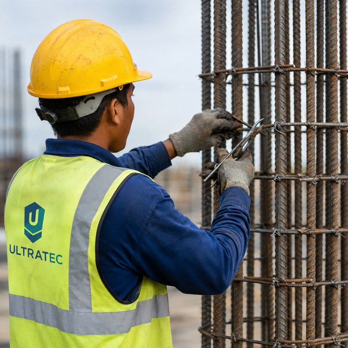 An Ultratec rebar worker tying an upright reinforcement cage